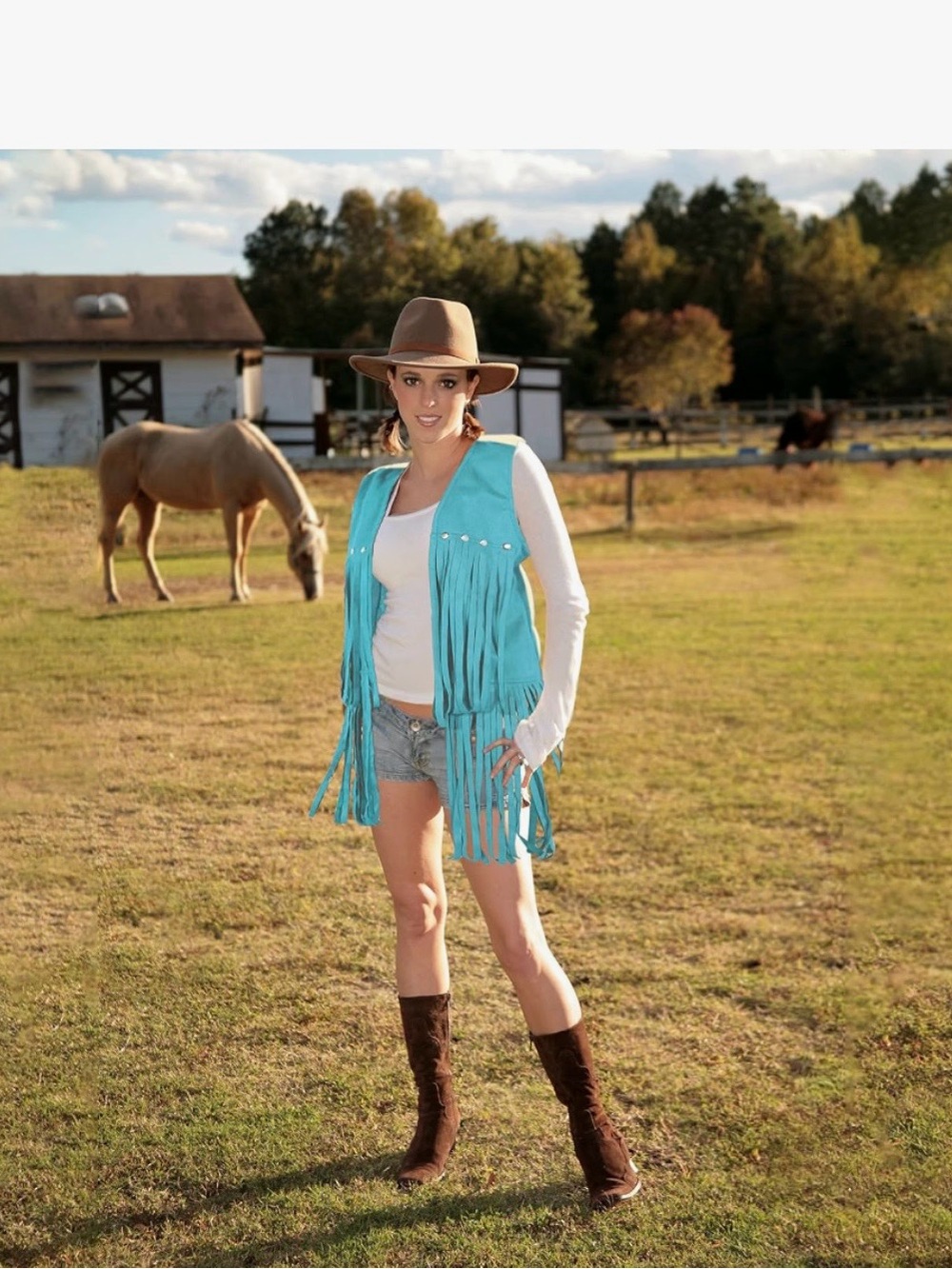 New! Turquoise Fringe Suede Costume Vest (Size: Medium)
